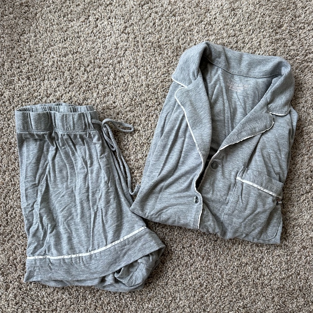Victoria's Secret Gray Pajama Top with White Trim and matching bottoms